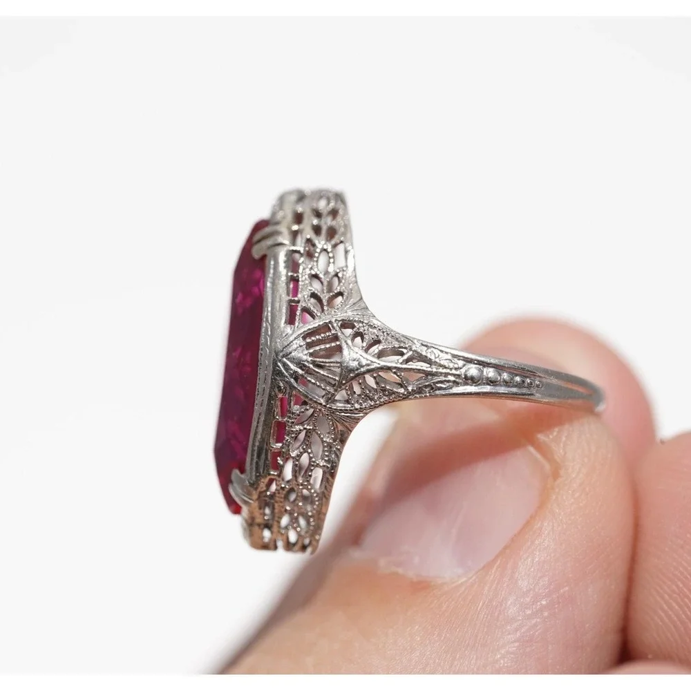 Antique 14k Solid White Gold Filigree‎ Engraved Man Made Red Ruby Ring Marquise